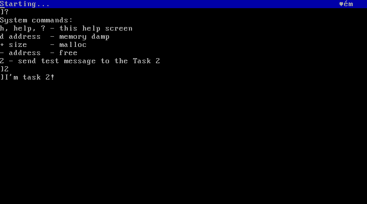 Command line interface of 32-bit mgcbean - There are two tasks running: the main task (the CLI interface on screen) and "Task 2", that prints "I'm task 2!" when receives a message.